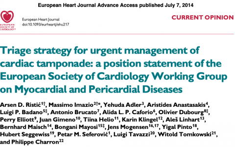 2014 年 ESC《心脏填塞紧急管理的分类策略立场声明》