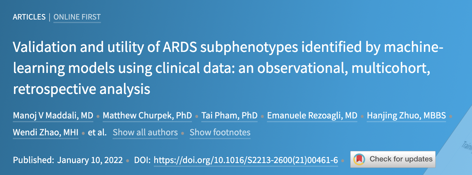Lancet Respir Med：通过机器学习使用临床数据区分ARDS亚表型的验证与应用