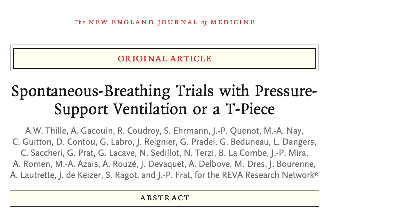 NEJM: 压力支持通气或 T 管的自主呼吸试验