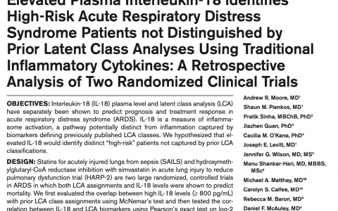 CCM：血浆白细胞介素-18升高可识别高风险急性呼吸窘迫综合征患者，而传统的炎症细胞因子的潜在类别分析无法区分:两项随机临床试验的回顾性分析