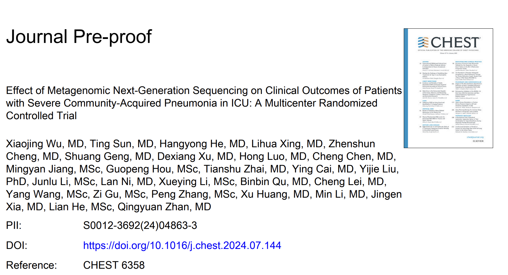 CHEST:新一代宏基因组测序对ICU重症社区获得性肺炎患者临床结局的影响:一项多中心随机对照试验