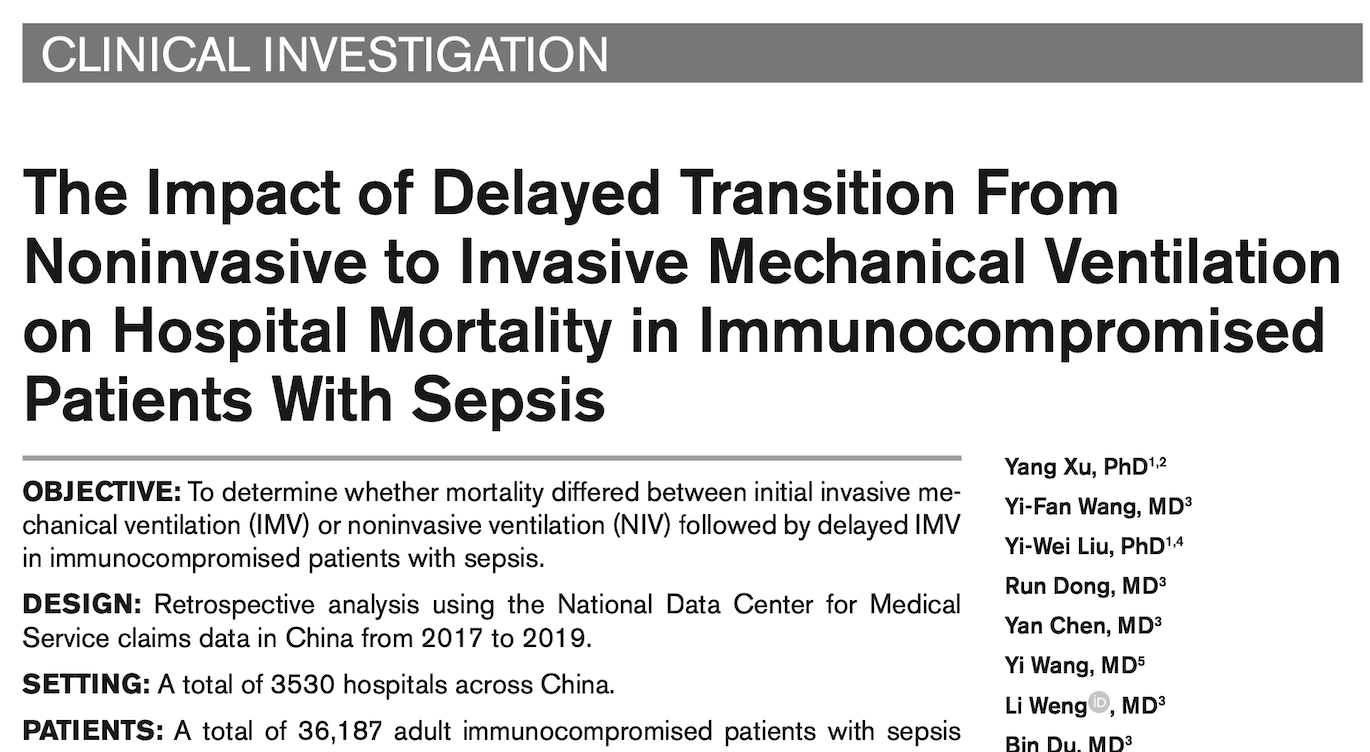 CCM:免疫功能低下脓毒症患者从无创到有创机械通气延迟过渡对住院死亡率的影响
