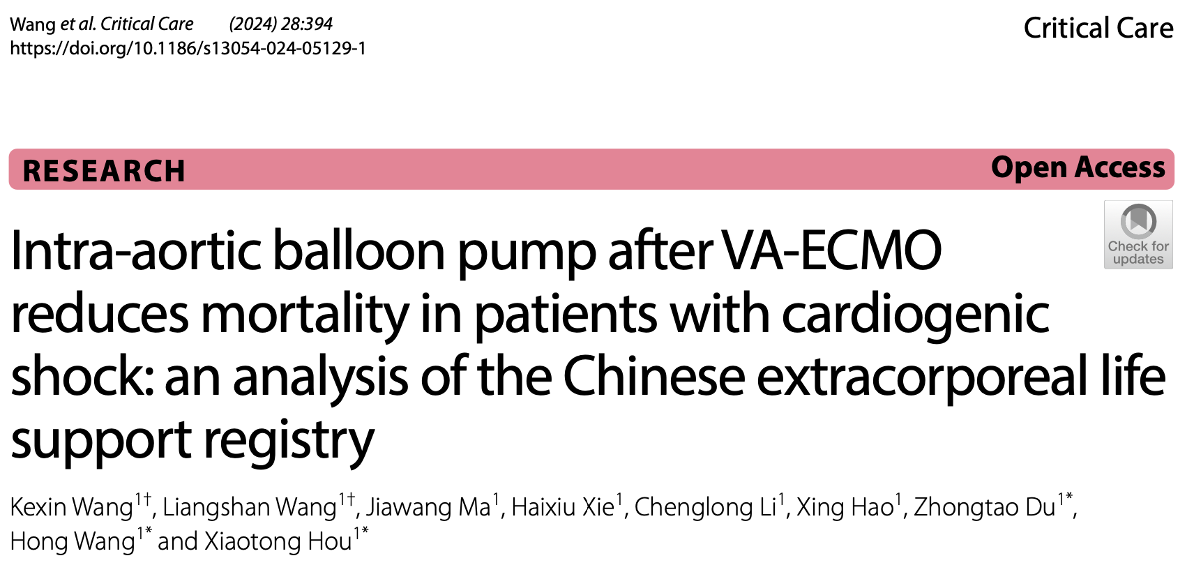 CC:主动脉内球囊泵（IABP）在心源性休克患者中使用静脉-动脉体外膜氧合（VA-ECMO）后可降低死亡率：中国体外生命支持注册数据库的分析