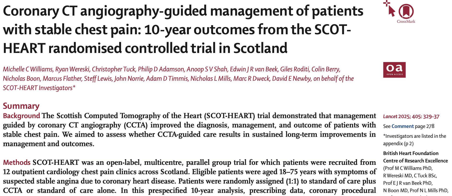 Lancet：冠状动脉CT血管造影引导下稳定胸痛患者的治疗：苏格兰苏格兰心脏随机对照试验的10年结果