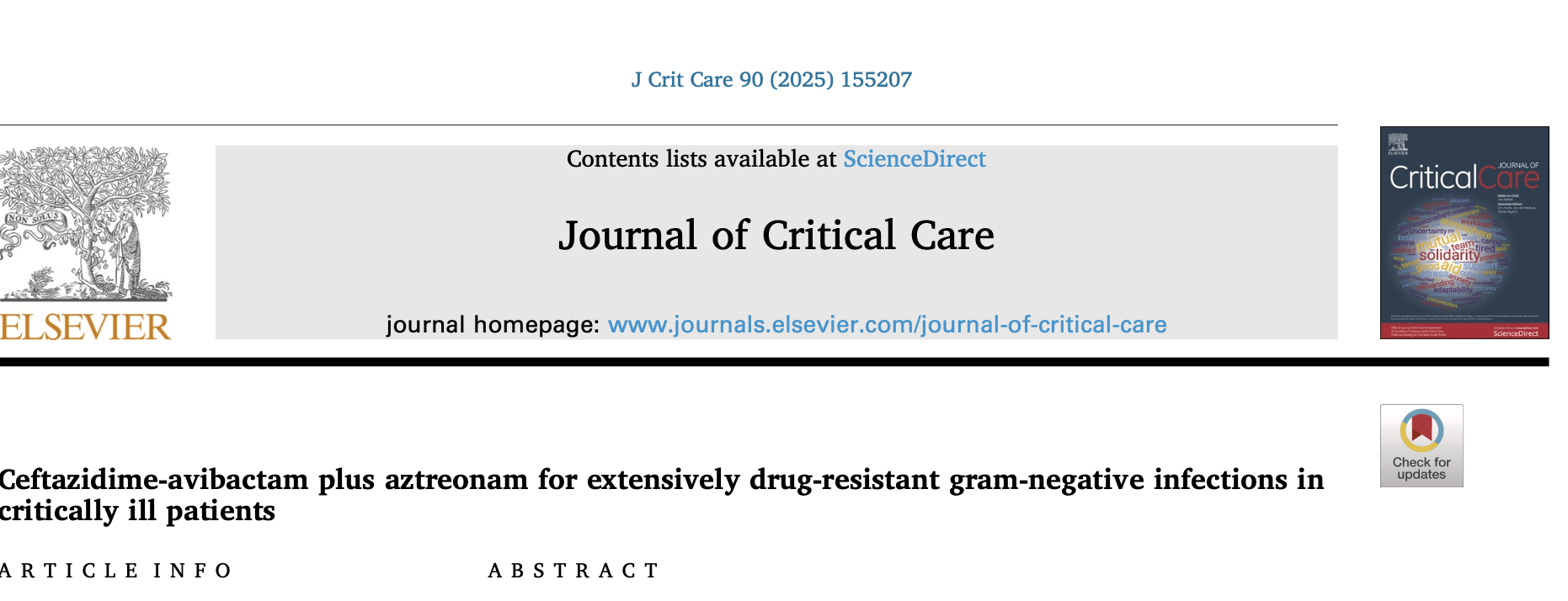 Journal of Critical Care：头孢他啶-阿维巴坦联合氨曲南治疗重症患者广泛耐药革兰阴性菌感染
