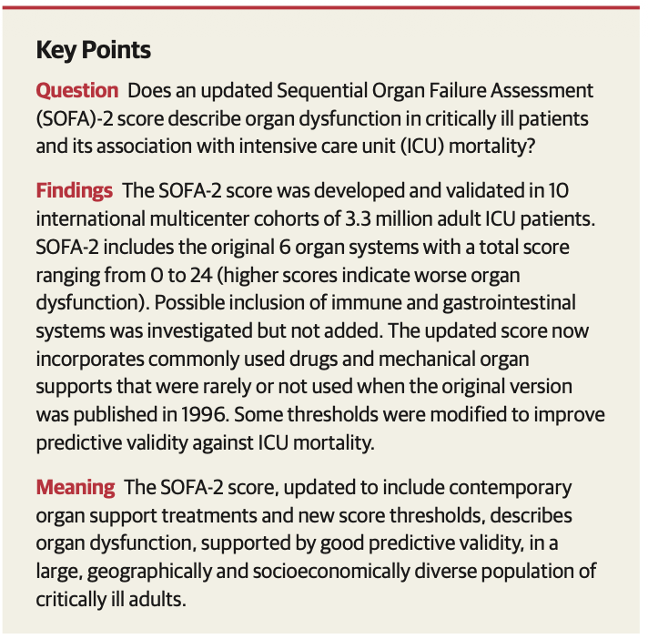 JAMA:序贯器官衰竭评估（SOFA）-2评分的开发和验证​