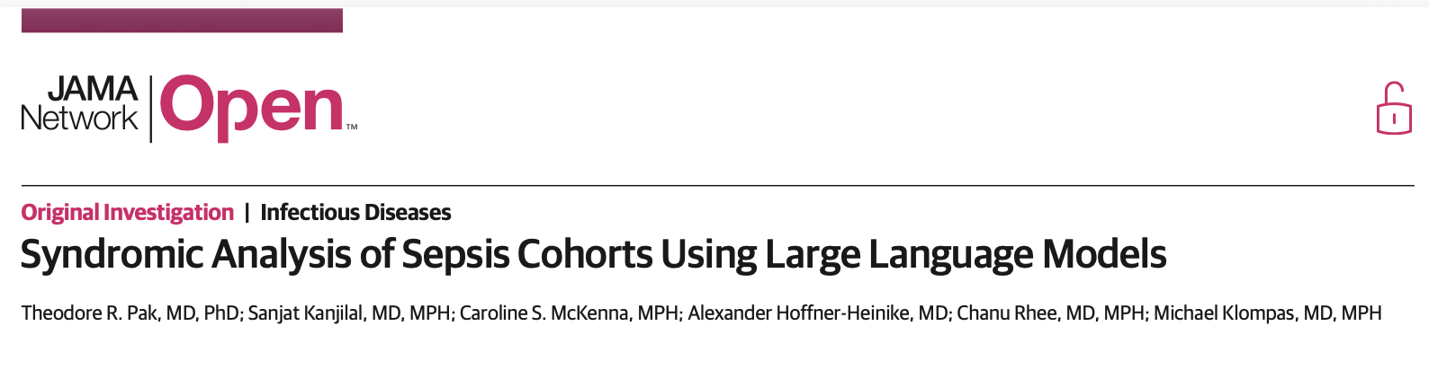 JAMA Netw Open：利用大语言模型对脓毒症队列进行综合征分析