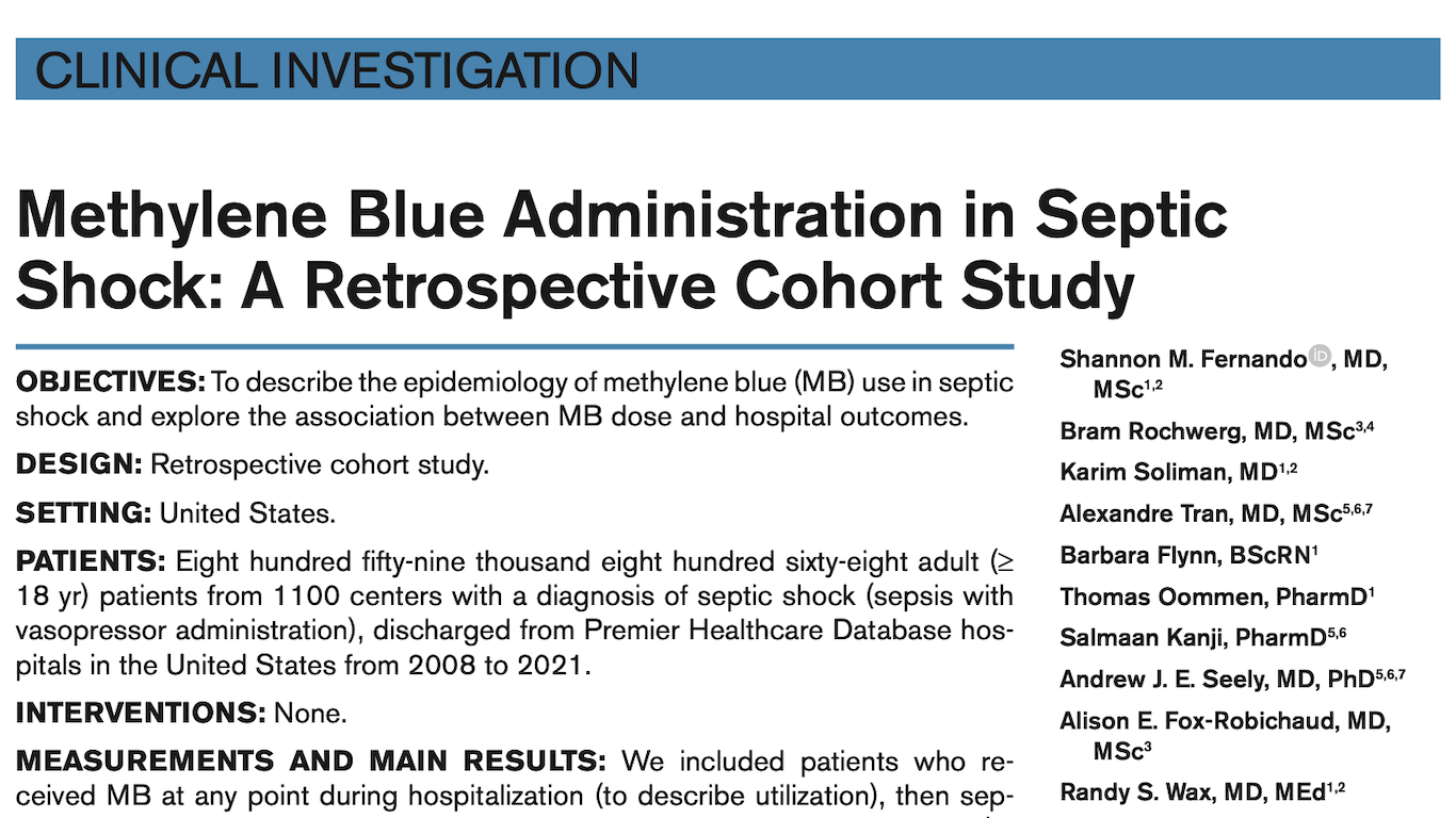 CCM:脓毒性休克中亚甲蓝的应用：一项回顾性队列研究