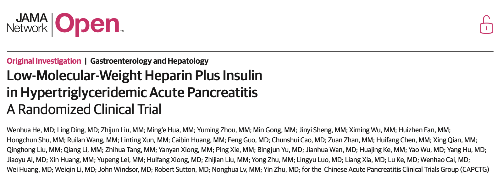 JAMA:低分子肝素联合胰岛素治疗高甘油三酯血症性急性胰腺炎：一项随机临床试验