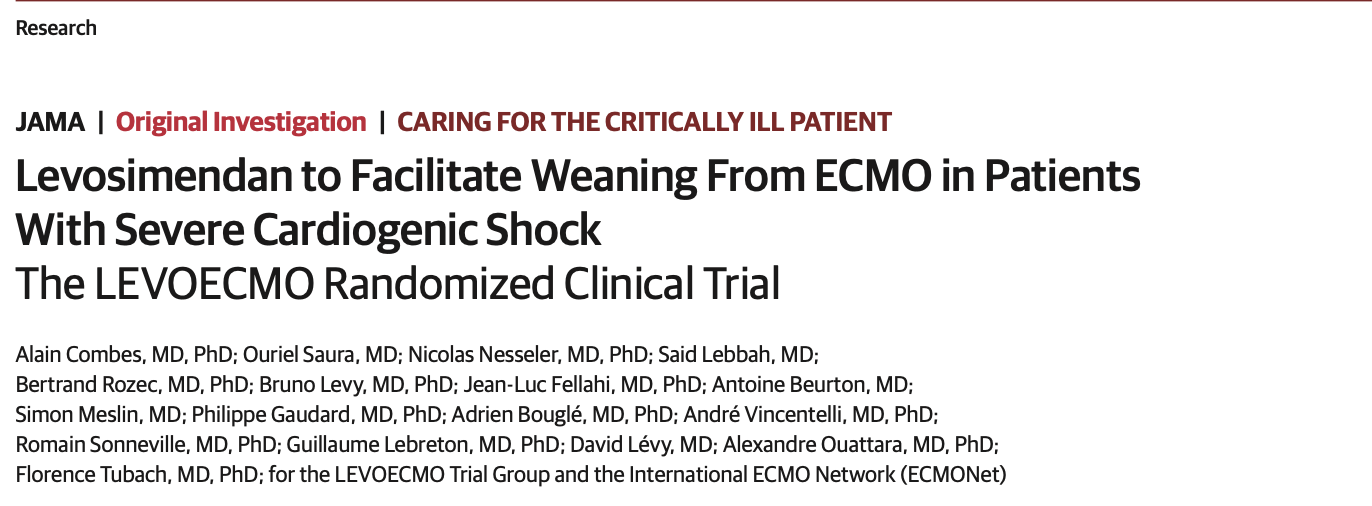JAMA:左西孟旦促进严重心源性休克患者脱离体外膜肺氧合（ECMO）的LEVOECMO随机临床试验