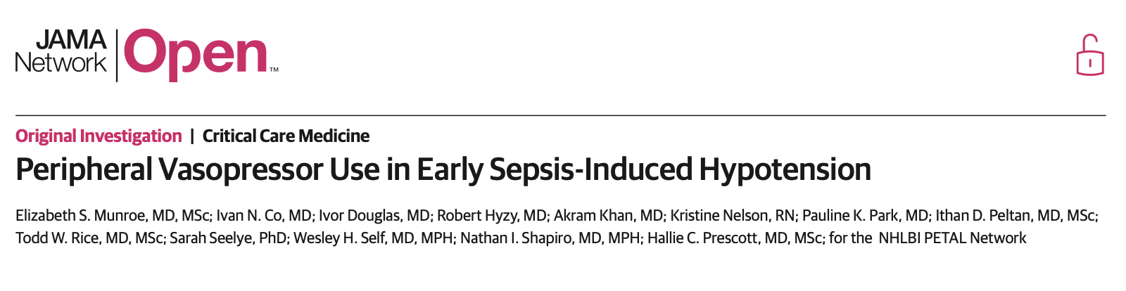 JAMA Network Open:早期脓毒症所致低血压的外周升压药应用