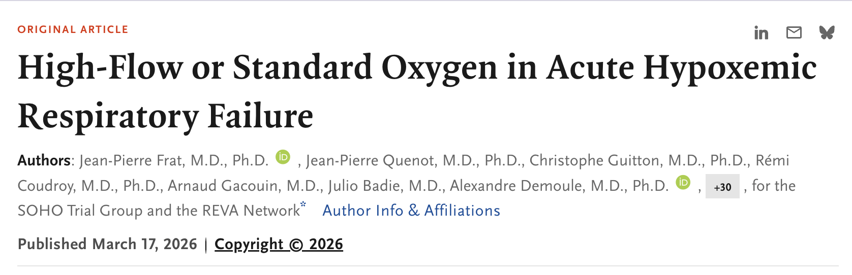 NEJM:急性低氧性呼吸衰竭选择高流量或标准氧疗？