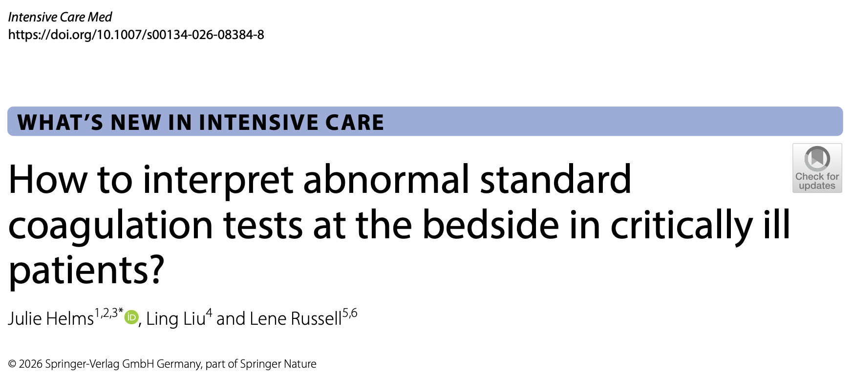 ICM:如何在床旁解读危重患者的异常标准凝血功能检查？