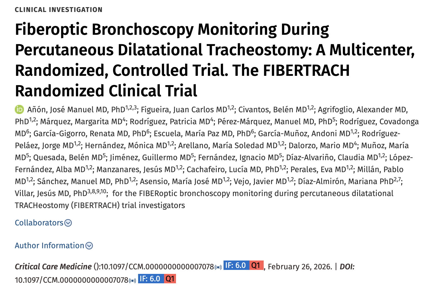 CCM:经皮扩张气管切开术中的纤维支气管镜监测:一项多中心随机对照试验——FIBERTRACH随机临床试验