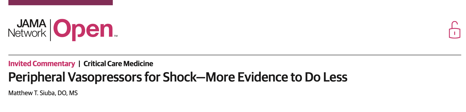 JAMA Netw Open：外周血管升压药治疗休克——更多证据表明应少用（中心静脉）