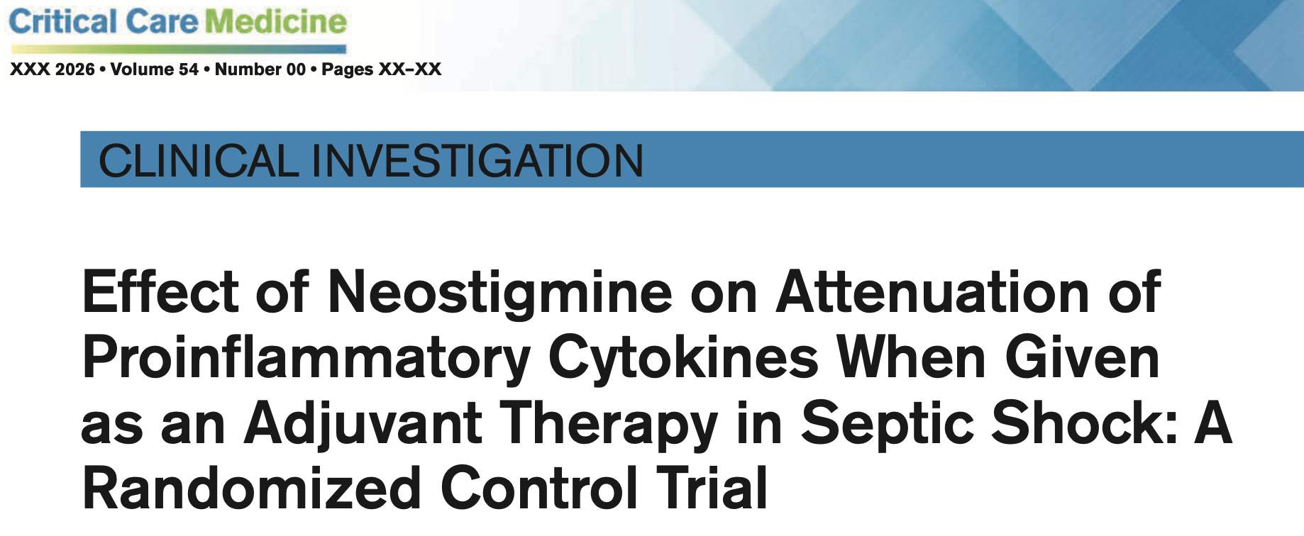 CCM:新斯的明作为脓毒性休克辅助治疗对减轻促炎细胞因子的作用:一项随机对照试验